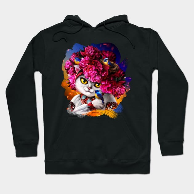 Cute white cat in the pink wreath Hoodie by Marysha_art